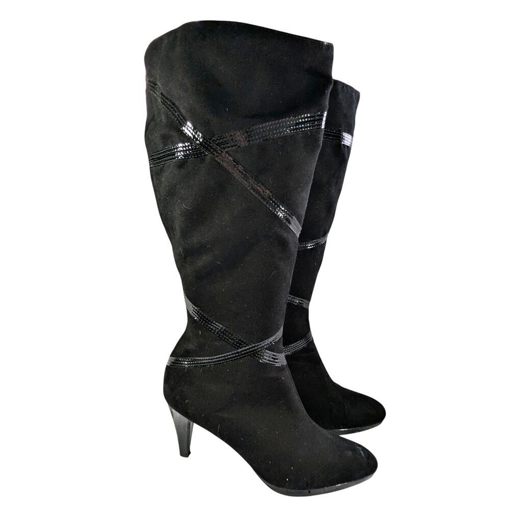 IMPO! SANTANA BLACK VEGAN SUEDE, PATENT LEATHER CRISS-CROSS DETAIL BOOTS! SZ 11M